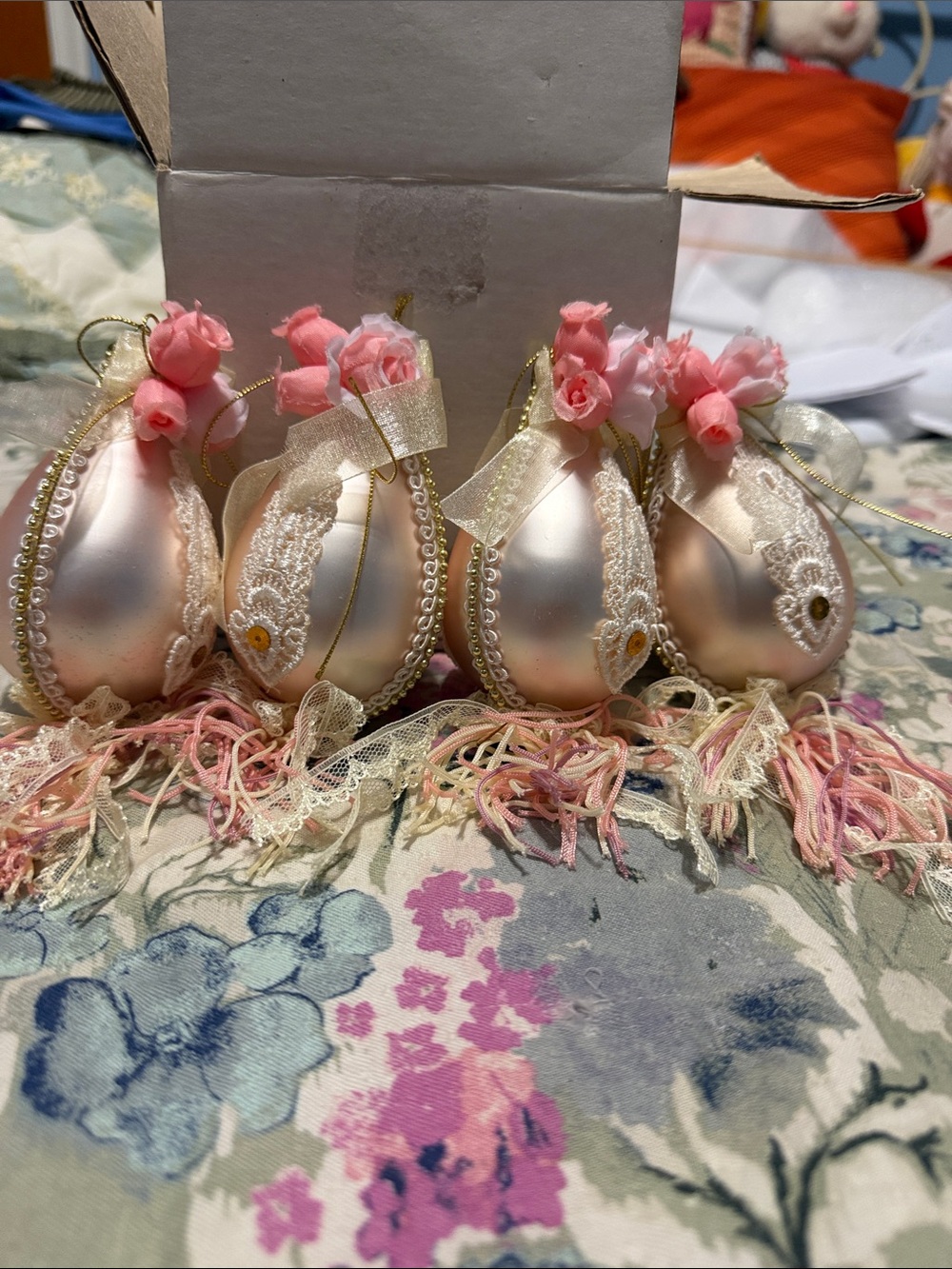 Set of 4 Pink Satin Pearl Lace Egg Ornaments with Floral Accents